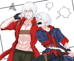  2boys abs anger_vein aonano_db bare_pectorals black_gloves black_pants blank_speech_bubble blue_coat blue_eyes chest_strap coat collarbone collared_coat commentary commentary_request dante_(devil_may_cry) devil_may_cry_(series) devil_may_cry_3 devil_may_cry_4 eye_contact fingernails gloves groin hand_on_another's_head highres holding holding_weapon hooded_shirt looking_at_another looking_to_the_side male_focus multiple_boys nero_(devil_may_cry) open_clothes open_coat open_mouth pants pectorals popped_collar red_coat red_shirt shirt shouting sideways_glance speech_bubble squiggle teeth time_paradox toned toned_male uncle_and_nephew weapon white_hair zipper zipper_pull_tab 
