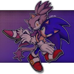  1boy 1girl absurdres animal_ears back-to-back blaze_the_cat blue_fur cat_ears cat_girl cat_tail forehead_jewel fur-trimmed_gloves fur_trim furry furry_female furry_male gloomchao gloves green_eyes highres pink_shoes purple_fur red_shoes shoes smile sonic_(series) sonic_rush sonic_the_hedgehog tail white_gloves yellow_eyes 
