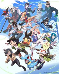  6+boys 6+girls az_(pokemon) black_bodysuit black_hair black_pants blonde_hair blue_eyes blue_hoodie blue_shirt bodysuit bracelet chikorita corbeau_(pokemon) dark-skinned_male dark_skin emma_(pokemon) floette floette_(eternal) glasses gloves green_jacket green_necktie grin harmony_(pokemon) hat highres hood hoodie jacket jett_(pokemon) jewelry kelvin-trainerk leggings lida_(pokemon) mable_(pokemon) multiple_boys multiple_girls naveen_(pokemon) necktie open_clothes open_jacket orange_vest pants paxton_(pokemon) pokemon pokemon_(creature) pokemon_legends:_z-a red_shirt rotom rotom_phone shirt shoes short_hair shorts smile taunie_(pokemon) teeth tepig totodile twitter_username urbain_(pokemon) vest vinnie_(pokemon) watermark white_leggings white_shirt white_shorts 