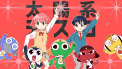  1boy 1girl blue_eyes blue_hair colored_skin dororo_(keroro_gunsou) giroro green_skin highres hinata_fuyuki hinata_natsumi keroro keroro_gunsou kururu_(keroro_gunsou) looking_at_viewer pointing pointing_up red_background red_hair smile syokora_makaron taiyoukei_disco_(vocaloid) tamama teeth 