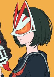  1girl black_hair black_serafuku commentary dahe_z fox_mask gun highres holding holding_gun holding_weapon kamen_rider kamen_rider_geats kamen_rider_geats_(series) magnum_shooter_40x mask neckerchief orange_background profile red_neckerchief school_uniform serafuku shimizu_hinako silent_hill_(series) silent_hill_f simple_background upper_body weapon 