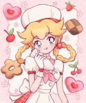  1girl :p absurdres apron artist_name blonde_hair blue_eyes blush braid breasts chelly_(chellyko) cherry closed_mouth cookie double-parted_bangs dress earrings flower food fruit gloves hat highres jewelry long_dress looking_to_the_side medium_bangs medium_breasts medium_hair official_alternate_costume pink_background princess_peach princess_peach:_showtime! red_dress smile solo sphere_earrings super_mario_bros. tongue tongue_out twin_braids upper_body white_apron white_flower white_gloves white_headwear 