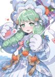  1girl animal_hands bell blush bow cat_tail commentary_request dot_nose drill_hair fake_tail fire_emblem fire_emblem:_three_houses fire_emblem_heroes flayn_(fire_emblem) flayn_(halloween)_(fire_emblem) frills gloves green_eyes green_hair hair_ornament halloween_costume highres jack-o&#039;-lantern_hat_ornament long_hair long_sleeves looking_at_viewer official_alternate_costume open_mouth paw_gloves pink_bow pumpkin shibainu simple_background solo tail twin_drills white_background 