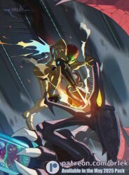  1girl arm_cannon armor assault_visor claws colored_sclera fighting green_visor holding metroid metroid_(creature) metroid_larva monster normal_suit_(metroid) open_mouth orlek power_armor power_suit_(metroid) ridley samus_aran sharp_teeth teeth weapon wings yellow_eyes yellow_sclera 