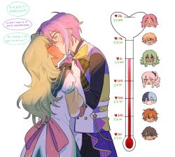  1other 2girls 5boys akiyama_mizuki aoyagi_touya black_gloves blonde_hair bloocheaz blue_eyes blue_hair blush bow bowtie brown_hair closed_eyes commentary cowboy_shot elbow_gloves english_commentary english_text genbu_asahi gloves green_hair hand_grab heart hetero highres kamishiro_rui kiss kiss_meter_(meme) kusanagi_nene long_hair long_sleeves looking_at_another looking_at_viewer low-tied_sidelocks meme multicolored_hair multiple_boys multiple_girls nervous_sweating one_eye_closed ootori_emu open_mouth orange_hair pink_eyes pink_hair project_sekai purple_hair shinonome_akito short_hair side_ponytail sidelocks simple_background smile split-color_hair star_(symbol) streaked_hair sweat tenma_tsukasa two-tone_hair white_background white_gloves yellow_eyes 