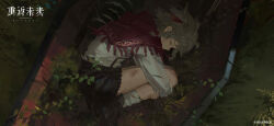  1girl aged_down ankle_boots black_boots black_shorts boots cloak closed_eyes coffin copyright_name copyright_notice curled_up fetal_position full_body grass grey_hair highres hugging_own_legs logo lying official_art official_wallpaper on_side plant profile red_cloak reverse:1999 rubuska shirt short_hair shorts sleeping socks solo suspender_shorts suspenders white_shirt white_socks 