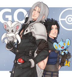  2boys aqua_eyes armor bangle belt black_coat black_gloves black_hair blue_shirt border bracelet brown_belt chest_strap cinccino closed_mouth coat cowboy_shot creature crisis_core_final_fantasy_vii crylin6 final_fantasy final_fantasy_vii gloves green_eyes grey_background grey_eyes grey_hair grin hair_slicked_back highres holding holding_another's_arm holding_creature holding_poke_ball jewelry long_bangs long_coat long_hair male_focus multiple_belts multiple_boys open_mouth parted_bangs parted_lips pauldrons poke_ball pokemon pokemon_(creature) sephiroth shinx shirt short_hair shoulder_armor sleeveless sleeveless_turtleneck slit_pupils smile suspenders teeth turtleneck white_border yellow_eyes zack_fair 