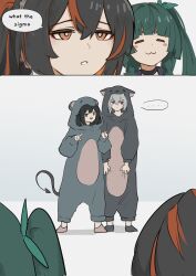  1boy animal_hood jane_doe_(zenless_zone_zero) long_hair multiple_girls qingyi_(zenless_zone_zero) seth_lowell zenless_zone_zero zhu_yuan 