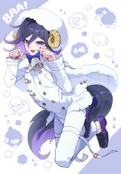  1boy :3 absurdres animal_ears animal_hood bell bishounen black_hair blue_bow bow buttons capelet commentary danganronpa_(series) danganronpa_v3:_killing_harmony fang fingernails flipped_hair hair_between_eyes highres hood horns long_sleeves looking_at_viewer male_focus multicolored_buttons nail_polish neck_bell oma_kokichi open_mouth pants paw_pose purple_hair purple_nails purple_theme sharp_fingernails sheep sheep_hood sheep_horns short_hair smile solo symbol-only_commentary tail thigh_strap ttegi_(ddeck_dg) violet_eyes white_capelet wolf_boy wolf_ears wolf_tail 