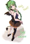  artist_logo bat_wings black_tank_top black_thighhighs braid breasts cosplay dated demon_horns demon_wings fake_demon_horns frilled_skirt frills from_above from_behind full_body grecale_(kancolle) grecale_(kancolle)_(cosplay) green_hair highres horns kantai_collection ld_(luna_dial398) long_hair looking_at_viewer looking_back medium_breasts mole mole_under_mouth orange_skirt single_braid single_thighhigh skirt tank_top thigh-highs very_long_hair wings yuugumo_(kancolle) 