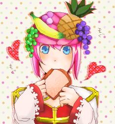  1girl arch_bishop_(ragnarok_online) banana blue_eyes blush bread bread_slice commentary_request cross dress food food_in_mouth fruit fruit_hat_ornament grapes heart long_sleeves looking_at_viewer mouth_hold oekaki pineapple pink_hair polka_dot polka_dot_background ragnarok_online red_dress short_hair solo toast toast_in_mouth two-tone_dress upper_body wasabira white_background white_dress 