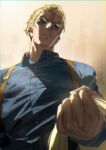  1boy absurdres blonde_hair blue_shirt buttons clenched_hand closed_mouth collared_shirt goggles highres holding_necktie jujutsu_kaisen kuroi_suna long_sleeves male_focus nanami_kento necktie shirt short_hair simple_background solo upper_body yellow_necktie 