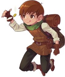  1boy :q ankle_boots arm_at_side artist_request backpack bag belt belt_buckle belt_pouch black_pants boots brown_bag brown_belt brown_boots brown_eyes brown_gloves brown_hair brown_vest buckle chilchuck_tims clenched_hand closed_mouth coin coin_bug_(dungeon_meshi) dungeon_meshi fingerless_gloves fingernails full_body gloves gold_coin green_scarf legs_apart looking_at_object lowres midair no_nose official_art open_hand padded_vest pants pouch scarf second-party_source short_hair sleeve_cuffs sleeves_rolled_up solo_focus three-quarter_sleeves tongue tongue_out treasure_insect_(dungeon_meshi) vest white_sleeves wings 