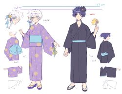  1boy 1girl alternate_costume arm_at_side artist_self-insert bag bell black_kimono black_sandals blue_eyes blue_ribbon blunt_ends blush braid braided_bangs cat_mask clenched_hand closed_mouth collarbone couple disembodied_hand earrings english_text eyeliner eyeshadow floral_print floral_print_kimono flower full_body genshin_impact gold hair_bell hair_between_eyes hair_bun hair_flower hair_intakes hair_ornament hair_ribbon hand_fan hand_up height_chart height_difference hetero highres holding holding_fan japanese_clothes jewelry jingle_bell kimono long_sleeves looking_at_another looking_at_viewer makeup mask mask_on_head obi oc_x_canon original print_kimono purple_hair purple_kimono purple_sandals purple_sleeves red_eyeliner red_eyeshadow reference_sheet ribbon sandals sash scaramouche_(genshin_impact) short_hair single_side_bun smile standing tareme toenails toes tsurime violet_eyes white_background wide_sleeves wispy_bangs yellow_bag yellow_flower yukata yunhhj zouri 