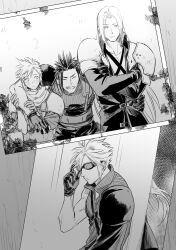  3boys adjusting_eyewear age_progression arm_around_shoulder armor belt black_coat black_gloves black_hair blush chest_strap closed_eyes closed_mouth cloud_strife coat crisis_core_final_fantasy_vii cross_scar crossed_arms final_fantasy final_fantasy_vii final_fantasy_vii_advent_children gloves goggles greyscale grin highres jyuu_13 light_frown long_hair looking_at_another male_focus monochrome multiple_belts multiple_boys parted_bangs pauldrons photo_(object) popped_collar scar scar_on_cheek scar_on_face scarf sephiroth sharp_teeth shinra_infantry_uniform short_hair shoulder_armor single_bare_shoulder single_pauldron sleeves_rolled_up smile suspenders teeth upper_body vest zack_fair 