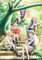  absurdres against_railing black_boots black_hair black_jacket black_shoes black_socks blazer blonde_hair blue_eyes blue_skirt blue_track_suit boots branch brown_sweater_vest cardigan closed_mouth collared_shirt commentary_request denim forest green_eyes hanging hanging_on_tree head_rest high_heel_boots high_heels highres hououji_akane jacket jeans kneehighs loafers long_hair long_sleeves looking_at_viewer makuzawa_ouka megami_no_cafe_terrace miniskirt nature on_branch ono_shiragiku open_mouth orange_cardigan outdoors pants pink_hair plaid_clothes plaid_skirt pleated_skirt ponytail railing red_eyes school_uniform seo_kouji shirt shoes short_hair sitting sitting_on_stairs skirt smile socks stairs standing stone_stairs sweater_vest teeth thigh_boots thighs track_suit tree tsukishima_riho tsuruga_ami twintails upper_teeth_only violet_eyes white_shirt white_socks 