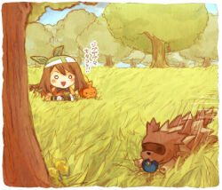  1girl 2012 bandana bike_shorts bike_shorts_under_shorts blueberry brown_hair food fruit gloves grass green_bandana lowres may_(pokemon) open_mouth orange_shirt orange_shoes pokemon pokemon_(creature) pokemon_rse shirt shoes short_hair shorts sleepy_(sleep_&#039;n&#039;_dream) torchic tree zigzagoon 