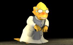  1girl 2016 3d alphys andypurro anthro barefoot black_background blush buck_teeth coat colored_skin dark_background digital_media dinosaur dinosaur_girl female female_only full_body garry&#039;s_mod_(medium) glasses lab_coat lizard lizard_girl lizard_tail monster monster_girl reptile reptile_girl reptile_tail scalie simple_background solo standing sweat tail teeth undertale utdr_(toby_fox) white_coat yellow_skin 