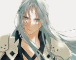  1boy 3wa_tari armor blue_eyes chest_strap final_fantasy final_fantasy_vii grey_background grey_hair high_collar light_smile long_hair looking_at_viewer male_focus pauldrons sephiroth shoulder_armor simple_background slit_pupils smile solo upper_body 