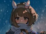 1girl alternate_costume animal_ears blue_background brown_eyes brown_hair closed_mouth commentary_request headband highres holding_hands horse_ears looking_at_viewer mittens portrait pov pov_hands scarf smile snow solo tarako umamusume winter_uniform yukino_bijin_(umamusume) 