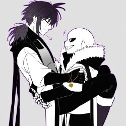  +++ 2boys :d absurdres alternate_universe antenna_hair blush boots carrying carrying_person chinese_commentary closed_mouth coat colored_sclera commentary_request cowboy_shot elbow_gloves face-to-face facing_another feet_out_of_frame film_grain fingerless_gloves fingernails frisk_(undertale) from_side frown fur-trimmed_jacket fur_trim gloves gold_necklace grey_background greyscale grin hair_between_eyes hair_tie hanbaobaobaozhu heart heart_necklace high_contrast highres hood hood_down hooded_jacket hug jacket jewelry knee_boots layered_sleeves long_sleeves looking_at_another low_ponytail male_focus medium_hair monochrome multiple_boys mutual_hug necklace open_clothes open_coat outline pants ponytail profile puffy_sleeves purple_outline sans_(undertale) scar scar_across_eye scar_on_face shirt short-sleeved_jacket short_over_long_sleeves short_sleeves sidelocks simple_background skeleton smile spot_color standing sweater three-quarter_sleeves turtleneck turtleneck_sweater undertale utdr_(toby_fox) v-shaped_eyebrows xtale 