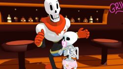  2019 2boys 3d aged_down armor bar_(place) blue_shorts boots brothers commentary counter diaper digital_media duo english_commentary gloves hollow_eyes humanoid in-universe_location indoors kneeling mikumikudance_(medium) monster monster_boy multiple_boys outstretched_arms pacifier papyrus_(undertale) red_boots red_gloves red_scarf restaurant sans_(undertale) sansbabyskeleton scarf shelf shorts siblings skeleton stool teeth toddler undead undertale utdr_(toby_fox) white_armor 