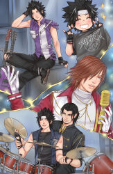  3boys angeal_hewley aqua_eyes beard black_boots black_gloves black_hair black_jacket black_pants black_shirt black_vest blush boots brown_hair chibi chibi_inset chinstrap_beard closed_mouth crisis_core_final_fantasy_vii crossed_legs crylin6 drum drum_set earrings electric_guitar facial_hair final_fantasy final_fantasy_vii fingerless_gloves genesis_rhapsodos gloves gold_necklace gold_trim grin guitar hair_between_eyes hand_in_own_hair headband highres holding holding_another's_wrist holding_microphone_stand instrument jacket jewelry male_focus medium_hair microphone_stand multiple_boys multiple_views music necklace open_mouth pants parted_bangs print_shirt purple_vest red_jacket sephiroth shirt short_hair singing single_shoulder_pad sitting sleeveless sleeveless_shirt smile sparkle studded_vest teeth turtleneck v vest white_gloves white_headband white_shirt zack_fair 