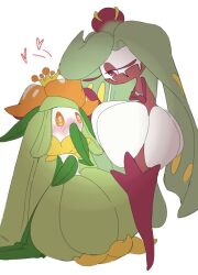  2girls blush boots colored_skin crossed_arms crown flower full-face_blush full_body gold_crown green_hair green_skin hair_flower hair_ornament heart heart-shaped_pupils highres lilligant long_hair looking_at_another mini_crown monster_girl multicolored_skin multiple_girls no_feet no_mouth orange_eyes orange_flower pink_boots pink_eyes pink_skin pink_thighhighs plant_girl plant_hair pokemon pokemon_(creature) pp_7762 simple_background standing swept_bangs symbol-shaped_pupils thigh-highs tri_tails tsareena two-tone_skin white_background white_skin yellow_crown yuri 