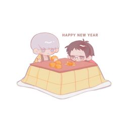  2boys adachi_tooru brown_hair closed_mouth commentary_request english_text food food_in_mouth fruit glasses grey_eyes grey_hair happy_new_year highres holding holding_food holding_fruit holding_orange kamin_021 kotatsu male_focus multiple_boys narukami_yu new_year orange_(fruit) orange_slice persona persona_4 short_hair simple_background table white_background 