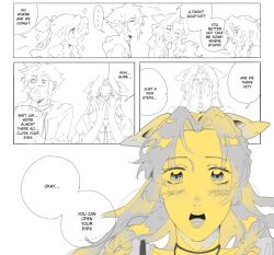  1boy 1girl aerith_gainsborough alternate_costume blush choker clerithfication cloud_strife covering_own_eyes covering_own_mouth english_text final_fantasy flower_choker hair_between_eyes hair_ribbon half_updo hand_over_own_mouth highres hood hoodie long_hair open_mouth parted_bangs puffy_short_sleeves puffy_sleeves ribbon short_hair short_sleeves sidelocks sparkle spiky_hair upper_body white_background 