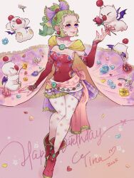  1girl 2025 blue_flower blush boots breasts cape character_name chest_jewel closed_mouth creature detached_sleeves dress eakanasu earrings final_fantasy final_fantasy_vi floral_print_pantyhose flower gem gold_trim gradient_cape green_gemstone green_hair hair_bobbles hair_ornament hair_ribbon happy_birthday highres holding holding_flower jewelry long_hair medium_breasts moogle parted_bangs pink_cape pointy_ears ponytail purple_ribbon red_boots red_dress red_flower red_sleeves ribbon sash short_dress sidelocks smile solo terra_branford waist_sash white_background white_flower white_trim yellow_cape yellow_flower 