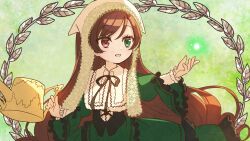  1girl black_ribbon brown_hair capelet commentary_request dress frilled_sleeves frills green_dress green_eyes hand_up headscarf heterochromia holding holding_watering_can long_hair long_sleeves neck_ribbon open_mouth red_eyes ribbon rozen_maiden shuu_(syuuuuuuuuuu) solo suiseiseki upper_body watering_can white_capelet white_headscarf wide_sleeves 