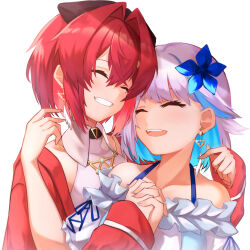  2girls ^_^ absurdres ange_katrina ange_katrina_(2nd_costume) bare_shoulders black_bow blue_flower blue_hair blush bow closed_eyes collarbone collared_halterneck collared_shirt colored_inner_hair commentary_request dress earrings feather_earrings feathers flower frilled_dress frills glint gold_earrings gold_necklace grin hair_behind_ear hair_between_eyes hair_bow hair_flower hair_intakes hair_ornament halter_shirt halterneck hands_up heads_together highres holding_hands interlocked_fingers jacket jewelry lize_helesta lize_helesta_(2nd_costume) matching_earrings medium_hair multicolored_hair multiple_girls necklace nijisanji off-shoulder_dress off_shoulder open_mouth red_hair red_jacket shirt short_sleeves sidelocks simple_background sleeves_past_wrists smile streaked_hair teeth triangle_earrings two-tone_hair upper_teeth_only viet_(yomi0556) virtual_youtuber white_background white_dress white_hair white_shirt 