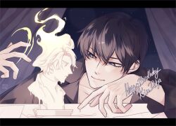  1boy black_coat black_eyes black_hair burning candle_wax character_doll coat curtains doll ginsan hand_up happy_birthday kim_dokja night night_sky omniscient_reader&#039;s_viewpoint open_clothes open_coat poking short_hair sky smirk sparkling_eyes tent upper_body yoo_joonghyuk 