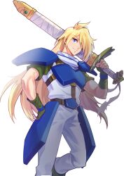  1boy armor artist_request belt blonde_hair blue_eyes blue_gemstone breastplate brown_belt closed_mouth fingerless_gloves foot_out_of_frame gem gloves gourry_gabriev green_gloves green_sleeves hair_over_one_eye hand_on_own_hip highres holding holding_behind_back holding_sword holding_sword_behind_back holding_weapon holding_weapon_behind_back left-handed leg_up long_hair looking_at_viewer male_focus nexon official_art one_eye_covered pants red_gemstone second-party_source shirt short_sleeves shoulder_armor simple_background slayers smile solo straight_hair sword tales_weaver tassets transparent_background turtleneck turtleneck_shirt very_long_hair weapon white_pants white_shirt 