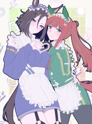  2girls air_groove_(umamusume) animal_ears apron arm_warmers black_leggings blue_eyes blue_hair blue_headdress blue_jacket blue_sleeves blunt_bangs blush breasts brown_hair closed_mouth detached_sleeves ear_covers frilled_apron frills garter_straps green_eyes green_hair green_headdress green_jacket hair_between_eyes hair_ornament hairclip heart heart_hands heart_in_heart_hands highres horse_ears horse_girl horse_tail jacket jersey_maid leggings lightning_bolt_symbol long_hair long_sleeves looking_at_viewer maid maid_apron multicolored_hair multiple_girls orange_hair ponytail short_hair side_ponytail silence_suzuka_(umamusume) sleeveless sleeveless_jacket smile star_(symbol) star_hair_ornament streaked_hair sugamo_(rainysnowy108) tail track_jacket umamusume unconventional_maid waist_apron white_apron 