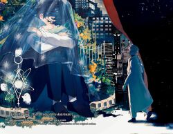  2boys black_coat black_eyes black_hair bush city coat curled_up curtains fence full_body ghost giant grass highres hugging_own_legs knees_up lee_hakhyun lens_flare mini_person miniboy multiple_boys nicayuko night oldest_dream omniscient_reader&#039;s_viewpoint plant popped_collar see-through_clothes shirt short_hair size_difference sky sparkle star_(sky) star_(symbol) starry_sky subway veil walking white_shirt 