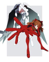  1girl angel_(evangelion) bodysuit giant giant_monster highres long_hair mecha_pilot_suit multicolored_bodysuit neon_genesis_evangelion orange_hair plugsuit_(evangelion) popo92_z red_bodysuit souryuu_asuka_langley 