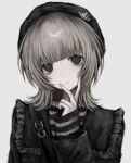  1girl bags_under_eyes black_eyes black_headwear black_jacket blonde_hair blunt_bangs chan8016 collar dot_nose empty_eyes eyelashes fingernails flipped_hair frills gothic grey_background grey_eyes hand_up head_tilt highres jacket light_frown long_hair long_sleeves looking_at_viewer muted_color original pale_skin parted_lips sad sidelocks simple_background sleeves_past_wrists solo spiked_collar spikes straight-on striped upper_body wolf_cut 