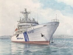  anchor atelier_bono blue_sky clouds commentary_request highres jcg_yashima_(plh-22) mast no_humans ocean original outdoors painting_(medium) radar ship sky traditional_media vehicle_focus watercolor_(medium) watercraft 