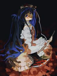  1girl :d absurdres axe blood blood_on_face blood_on_weapon blue_eyes blue_hair blunt_bangs choker dress furudo_erika head_back highres hime_cut holding holding_axe long_hair lostack pink_dress puffy_sleeves red_ribbon ribbon smile twintails umineko_no_naku_koro_ni weapon white_choker white_ribbon 