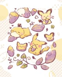  blush closed_eyes commentary_request ditto eating food heart highres holding leaf no_humans pichu pikachu pokemon pokemon_(creature) psyduck smile snom sweet_potato temariame14 transformed_ditto 