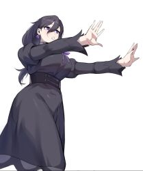  1girl @_@ black_corset black_dress black_hair blue_eyes breasts commentary corset covered_navel dawalixi dress earrings feet_out_of_frame hair_between_eyes hex_maniac_(pokemon) hex_maniac_(pokemon_legends:_z-a) highres jewelry juliet_sleeves large_breasts lipstick long_hair long_hair_between_eyes long_sleeves makeup nail_polish open_hands outstretched_arms parted_lips pokemon pokemon_legends:_z-a puffy_sleeves purple_lips purple_nails purple_ribbon ribbon simple_background solo sphere_earrings standing symbol-only_commentary textless_version underbust white_background 