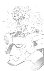  1girl bracelet breasts cape cosplay dede_(qwea_00000) dress final_fantasy final_fantasy_vi greyscale hair_ribbon highres jewelry lagann long_hair mecha medium_breasts monochrome necktie nia_teppelin nia_teppelin_(cosplay) parted_bangs parted_lips ponytail ribbon robot short_dress sketch tengen_toppa_gurren_lagann terra_branford voice_actor_connection wavy_hair white_background 