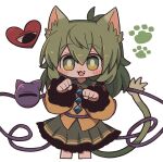  animal_ears buttons cat_ears collared_shirt diamond_button eyeball frilled_shirt_collar frilled_skirt frilled_sleeves frills green_hair green_skirt hat heart koishi_komeiji&#039;s_heart-throbbing_adventure komeiji_koishi long_sleeves medium_hair paw_pose paw_print shirt skirt third_eye touhou unworn_hat unworn_headwear wavy_hair wide_sleeves yellow_shirt zunusama 