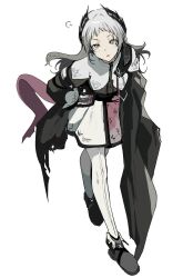  1girl arknights black_shoes black_sweater front-seamed_legwear full_body grey_eyes grey_hair hashtag-only_commentary highres inusodate irene_(arknights) long_hair long_sleeves pantyhose parted_lips pink_skirt scar scar_across_eye scar_on_face seamed_legwear shoes skirt solo standing sweater torn_clothes white_pantyhose white_skirt white_sweater 