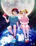  1boy 1girl ana_(mother) apple artist_logo baseball_cap black_hair blonde_hair blue_eyes blue_footwear blue_shorts chichi_band dress earth_(planet) food fruit full_moon grin hands_on_lap hat highres holding holding_food holding_fruit moon mother_(game) mother_1 ninten on_mini_planet petals pink_dress planet red_apple red_footwear red_headwear red_ribbon red_socks ribbon shirt short_hair short_twintails shorts sideways_hat sitting smile socks striped striped_shirt twintails white_socks 