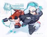 1boy artist_name black_jacket black_pants blue_eyes blue_hair commentary commission dual_wielding dualie_squelcher_(splatoon) from_above gun headphones holding holding_gun holding_weapon hood hooded_jacket inkling inkling_boy jacket jinkobanana looking_at_viewer multicolored_clothes multicolored_jacket paint pants sample_watermark shoes short_hair solo splatoon_(series) symbol-only_commentary tongue tongue_out two-tone_jacket watermark weapon white_background white_footwear white_jacket 