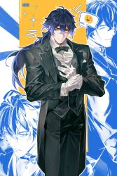  1boy absurdres alternate_costume black_coat black_pants black_vest blue_hair bow bowtie butler closed_eyes closed_mouth coat collared_shirt commentary double-parted_bangs english_commentary feet_out_of_frame flins_(genshin_impact) formal_clothes genshin_impact gloves highres image_in_speech_bubble layered_sleeves long_hair long_sleeves looking_at_viewer male_focus multiple_views pants shirt smile snvvvo solo speech_bubble standing vest white_gloves white_shirt wing_collar yellow_eyes 