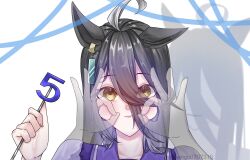  1girl animal_ears cheek_squash closed_mouth ear_ornament ear_tag earrings grey_hair hair_between_eyes hand_up hands_on_another&#039;s_face highres holding horse_ears horse_girl jewelry long_hair_between_eyes manhattan_cafe_(umamusume) milestone_celebration multicolored_hair purple_sailor_collar purple_shirt sailor_collar sango0707315 school_uniform shirt short_hair single_ear_down single_earring solo sunday_silence_(racehorse) tracen_school_uniform umamusume yellow_eyes 